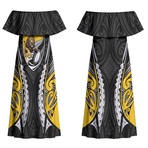 Wellington 2026 Rugby Custom Family Matching Off Shoulder Maxi Dress and Hawaiian Shirt NZ Maori Silver Fern