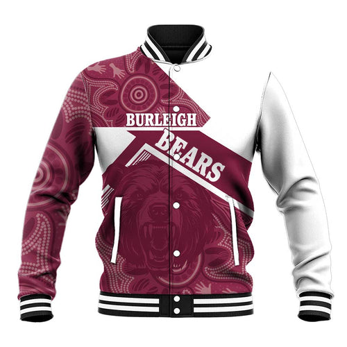 Burleigh Rugby Custom Baseball Jacket Go Bears Maroon Aboriginal Art - Aussie Hoodie