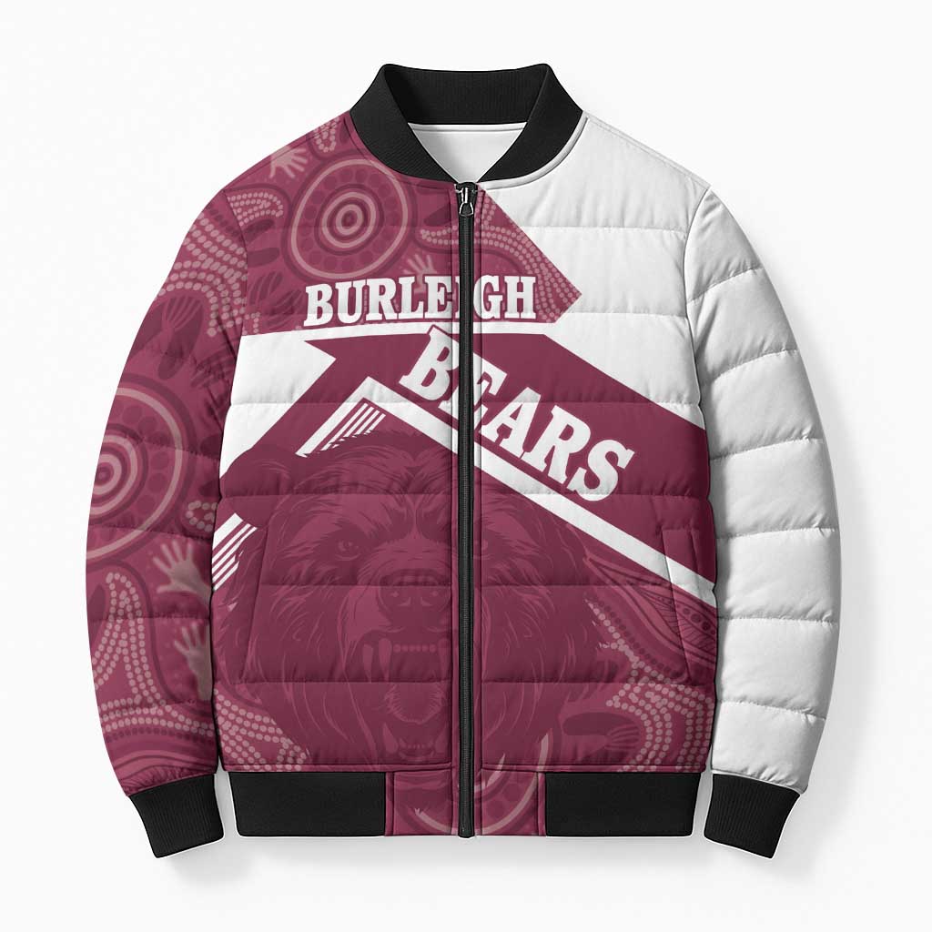 Burleigh Rugby Custom Bomber Puffer Jacket Go Bears Maroon Aboriginal Art - Aussie Hoodie