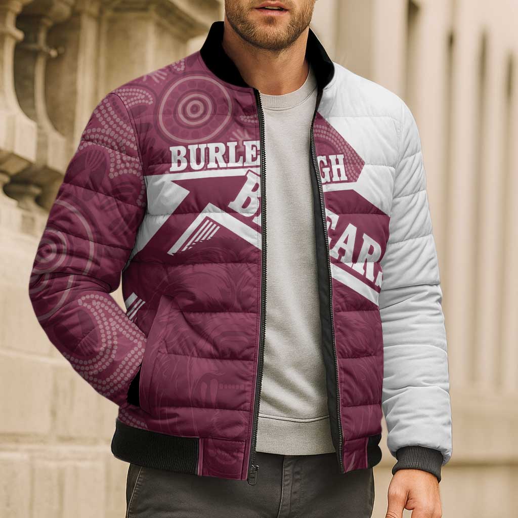 Burleigh Rugby Custom Bomber Puffer Jacket Go Bears Maroon Aboriginal Art - Aussie Hoodie
