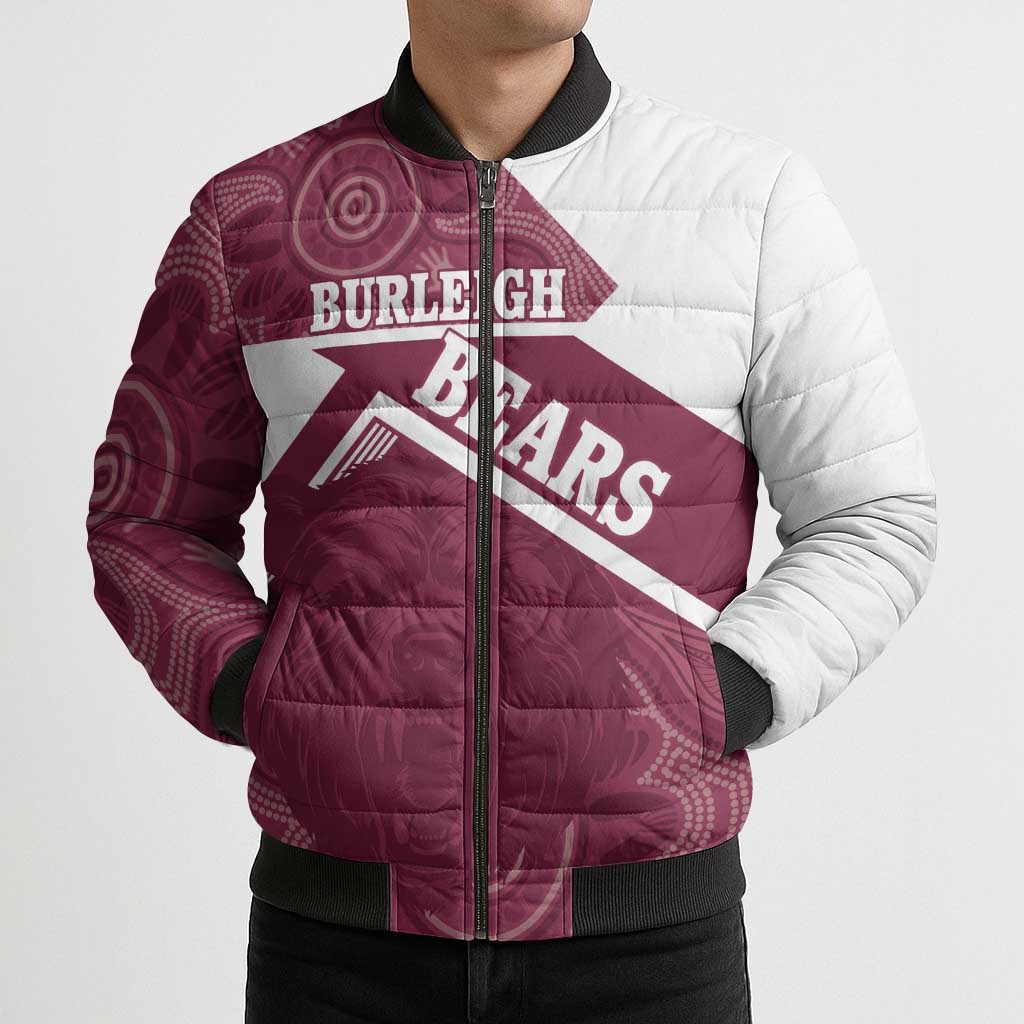 Burleigh Rugby Custom Bomber Puffer Jacket Go Bears Maroon Aboriginal Art - Aussie Hoodie