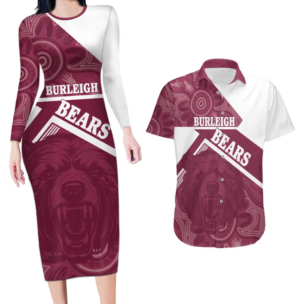 Burleigh Rugby Custom Couples Matching Long Sleeve Bodycon Dress and Hawaiian Shirt Go Bears Maroon Aboriginal Art - Aussie Hoodie