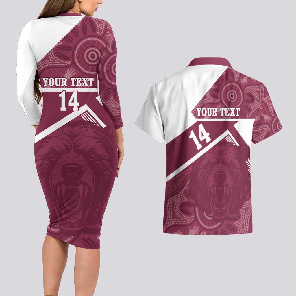 Burleigh Rugby Custom Couples Matching Long Sleeve Bodycon Dress and Hawaiian Shirt Go Bears Maroon Aboriginal Art - Aussie Hoodie