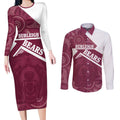 Burleigh Rugby Custom Couples Matching Long Sleeve Bodycon Dress and Long Sleeve Button Shirt Go Bears Maroon Aboriginal Art - Aussie Hoodie