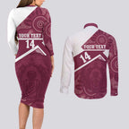Burleigh Rugby Custom Couples Matching Long Sleeve Bodycon Dress and Long Sleeve Button Shirt Go Bears Maroon Aboriginal Art - Aussie Hoodie