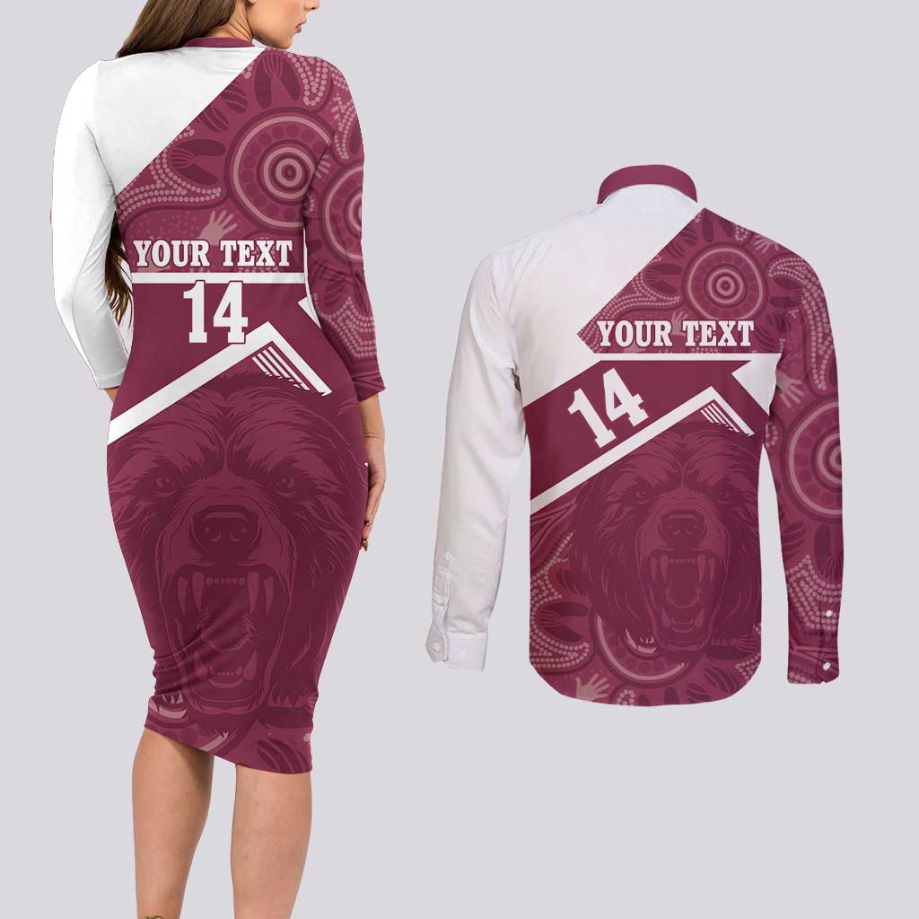 Burleigh Rugby Custom Couples Matching Long Sleeve Bodycon Dress and Long Sleeve Button Shirt Go Bears Maroon Aboriginal Art - Aussie Hoodie
