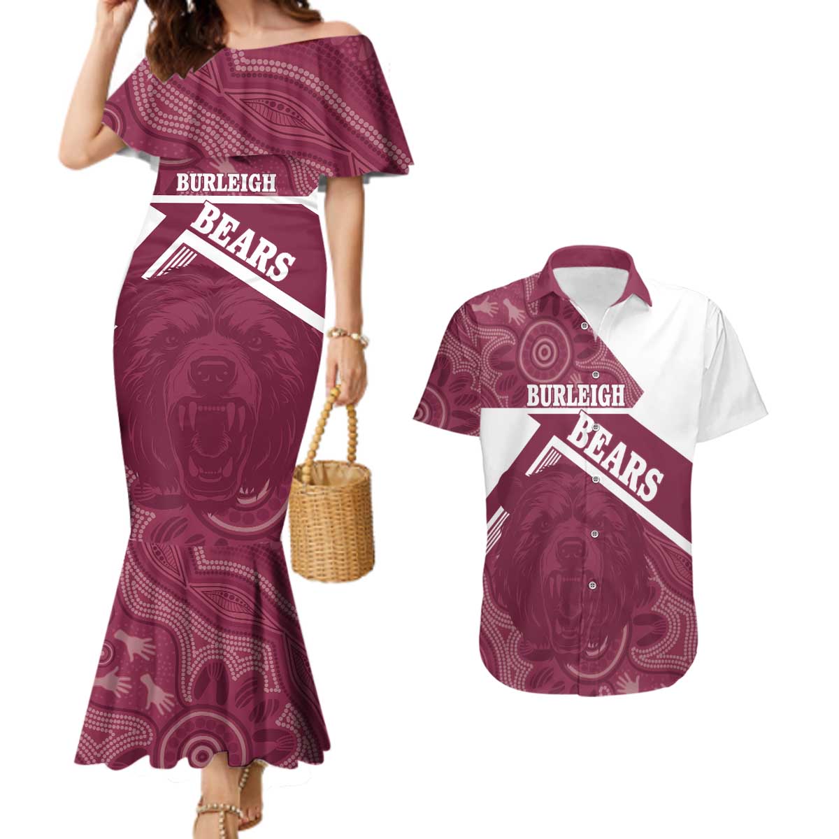 Burleigh Rugby Custom Couples Matching Mermaid Dress and Hawaiian Shirt Go Bears Maroon Aboriginal Art - Aussie Hoodie