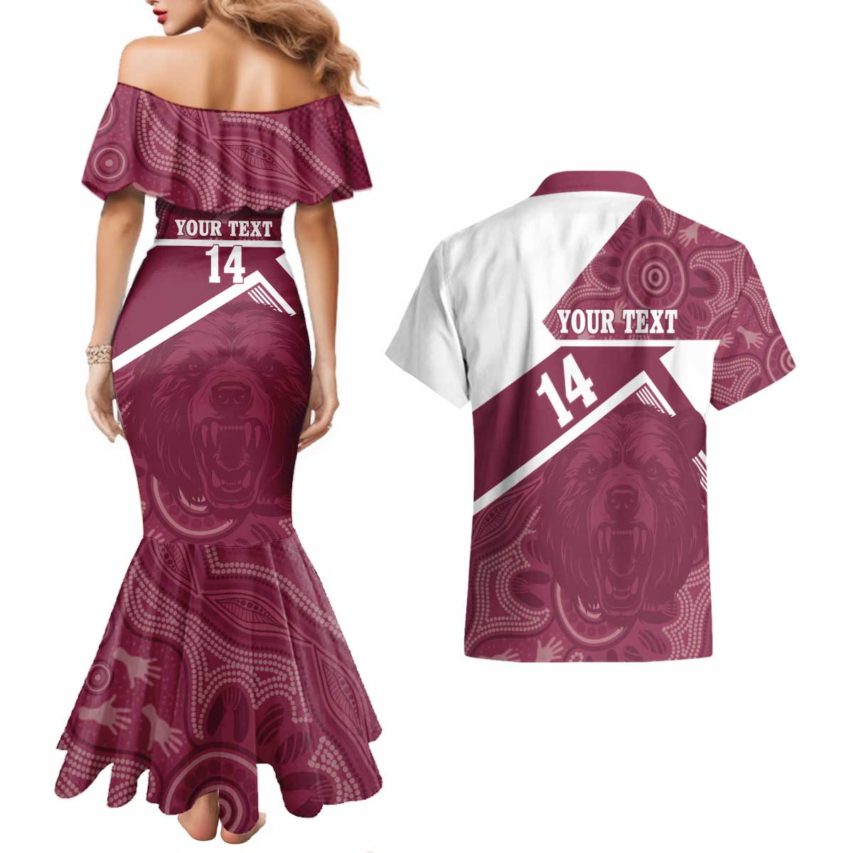Burleigh Rugby Custom Couples Matching Mermaid Dress and Hawaiian Shirt Go Bears Maroon Aboriginal Art - Aussie Hoodie