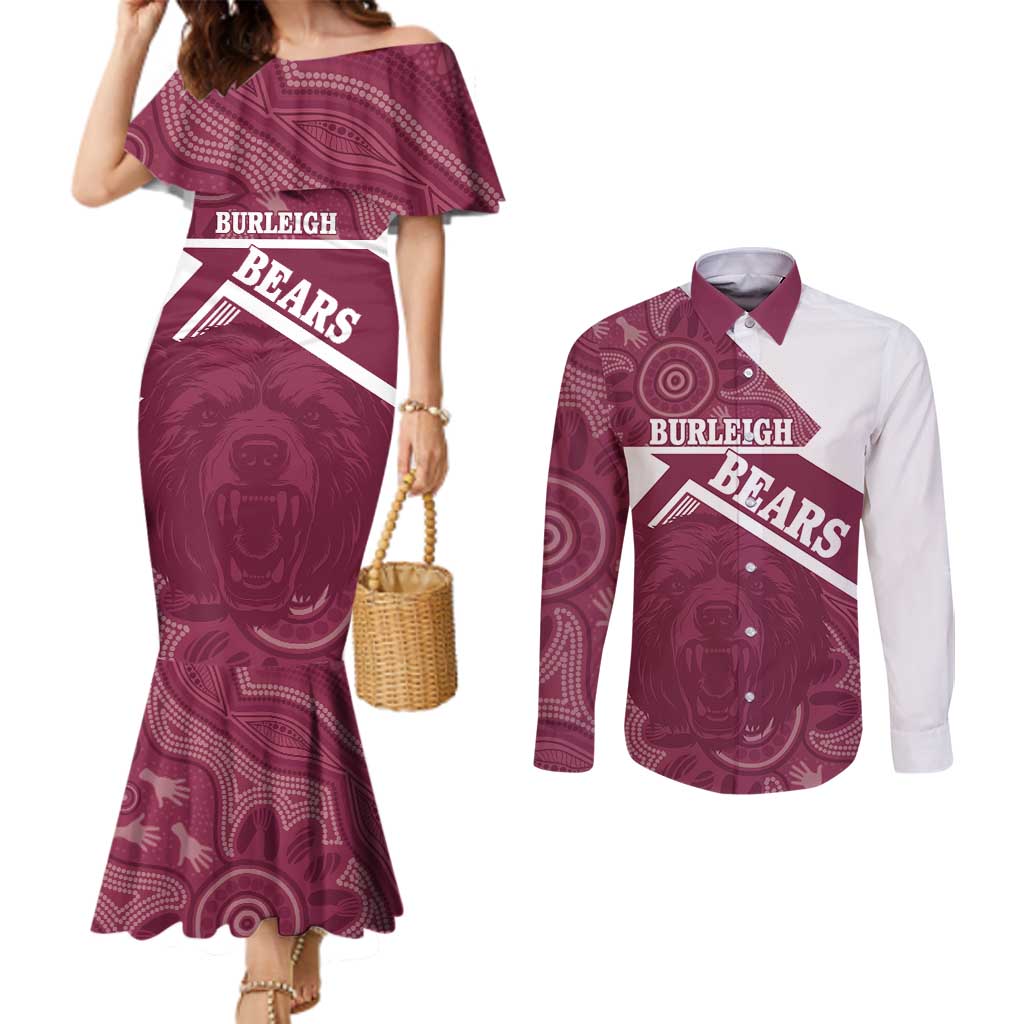 Burleigh Rugby Custom Couples Matching Mermaid Dress and Long Sleeve Button Shirt Go Bears Maroon Aboriginal Art - Aussie Hoodie