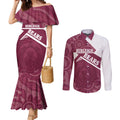 Burleigh Rugby Custom Couples Matching Mermaid Dress and Long Sleeve Button Shirt Go Bears Maroon Aboriginal Art - Aussie Hoodie