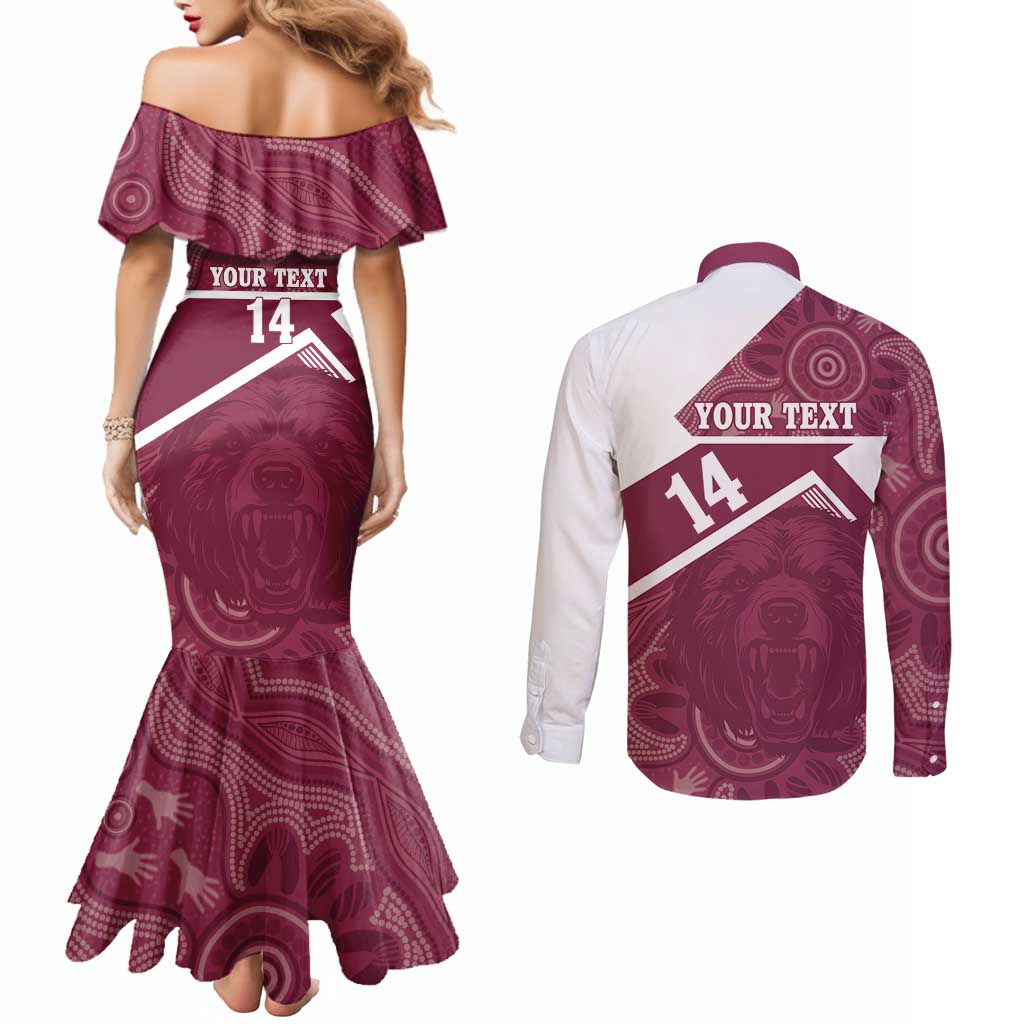 Burleigh Rugby Custom Couples Matching Mermaid Dress and Long Sleeve Button Shirt Go Bears Maroon Aboriginal Art - Aussie Hoodie