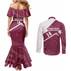 Burleigh Rugby Custom Couples Matching Mermaid Dress and Long Sleeve Button Shirt Go Bears Maroon Aboriginal Art - Aussie Hoodie