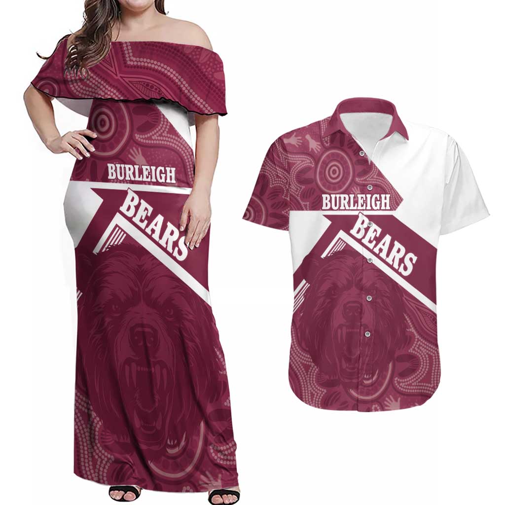 Burleigh Rugby Custom Couples Matching Off Shoulder Maxi Dress and Hawaiian Shirt Go Bears Maroon Aboriginal Art - Aussie Hoodie