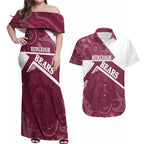 Burleigh Rugby Custom Couples Matching Off Shoulder Maxi Dress and Hawaiian Shirt Go Bears Maroon Aboriginal Art - Aussie Hoodie
