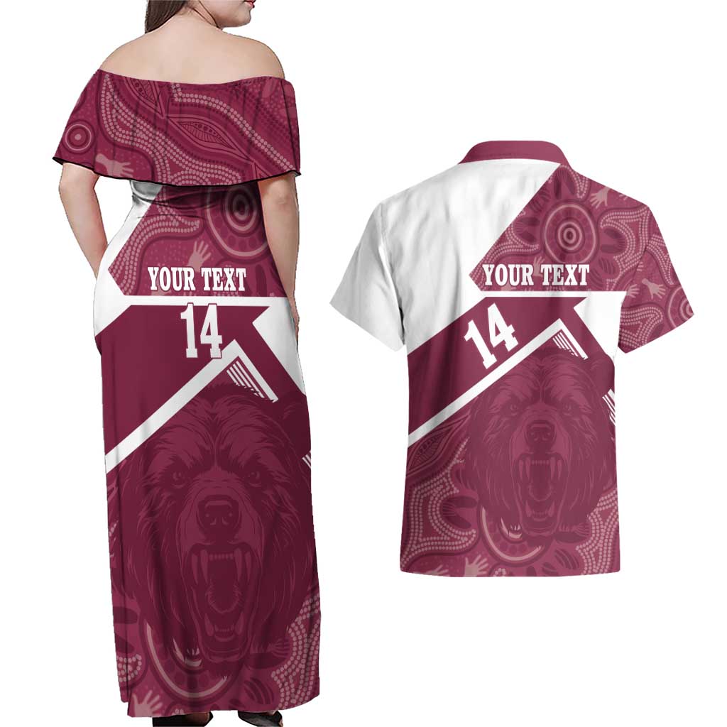 Burleigh Rugby Custom Couples Matching Off Shoulder Maxi Dress and Hawaiian Shirt Go Bears Maroon Aboriginal Art - Aussie Hoodie