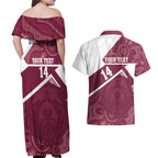 Burleigh Rugby Custom Couples Matching Off Shoulder Maxi Dress and Hawaiian Shirt Go Bears Maroon Aboriginal Art - Aussie Hoodie