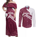 Burleigh Rugby Custom Couples Matching Off Shoulder Maxi Dress and Long Sleeve Button Shirt Go Bears Maroon Aboriginal Art - Aussie Hoodie
