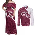 Burleigh Rugby Custom Couples Matching Off Shoulder Maxi Dress and Long Sleeve Button Shirt Go Bears Maroon Aboriginal Art - Aussie Hoodie