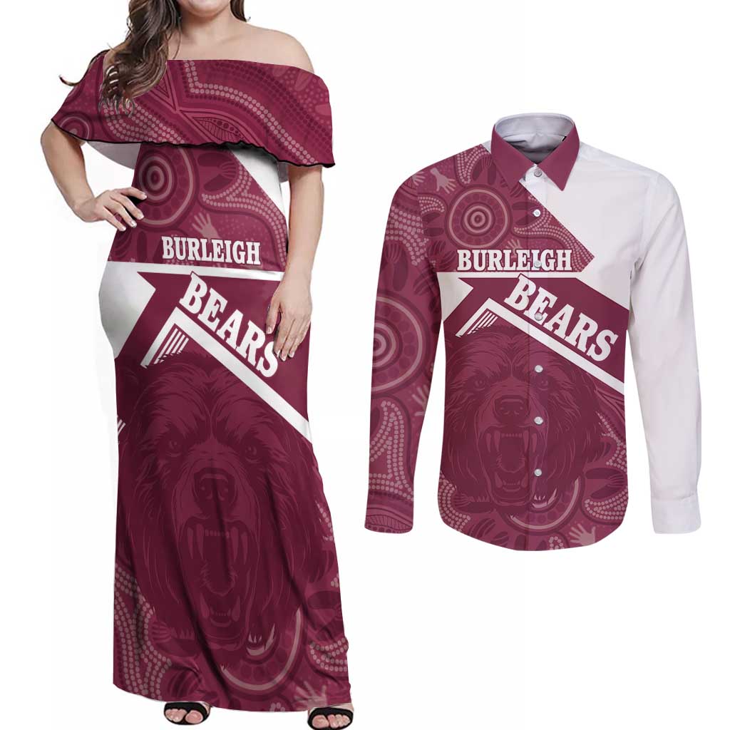 Burleigh Rugby Custom Couples Matching Off Shoulder Maxi Dress and Long Sleeve Button Shirt Go Bears Maroon Aboriginal Art - Aussie Hoodie
