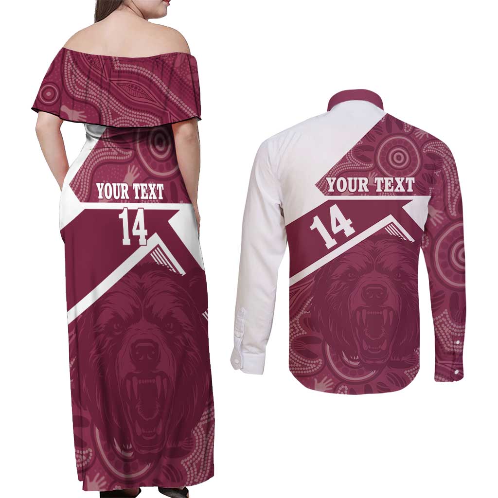 Burleigh Rugby Custom Couples Matching Off Shoulder Maxi Dress and Long Sleeve Button Shirt Go Bears Maroon Aboriginal Art - Aussie Hoodie