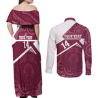 Burleigh Rugby Custom Couples Matching Off Shoulder Maxi Dress and Long Sleeve Button Shirt Go Bears Maroon Aboriginal Art - Aussie Hoodie