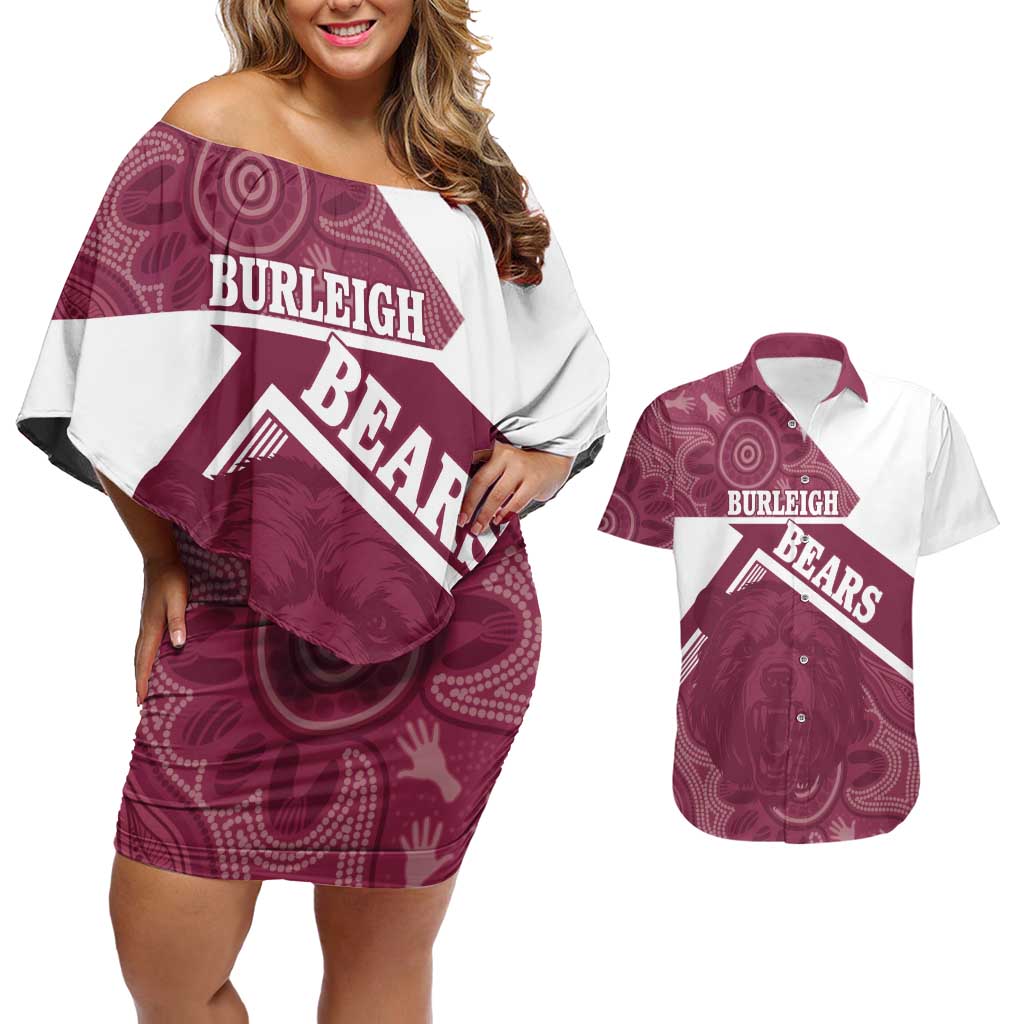 Burleigh Rugby Custom Couples Matching Off Shoulder Short Dress and Hawaiian Shirt Go Bears Maroon Aboriginal Art - Aussie Hoodie