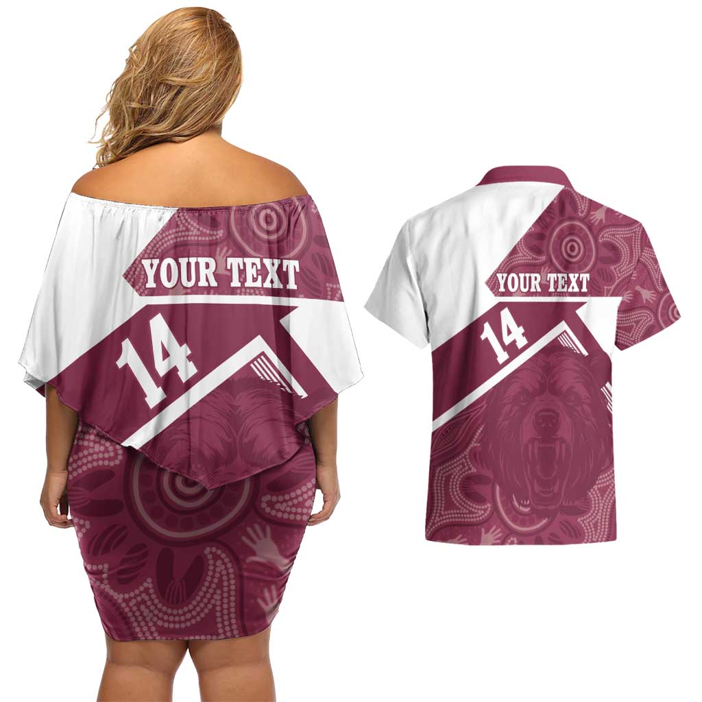 Burleigh Rugby Custom Couples Matching Off Shoulder Short Dress and Hawaiian Shirt Go Bears Maroon Aboriginal Art - Aussie Hoodie
