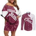 Burleigh Rugby Custom Couples Matching Off Shoulder Short Dress and Long Sleeve Button Shirt Go Bears Maroon Aboriginal Art - Aussie Hoodie