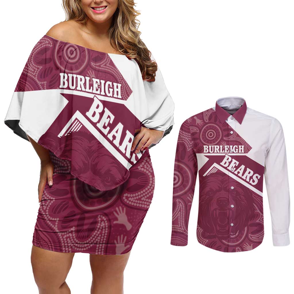 Burleigh Rugby Custom Couples Matching Off Shoulder Short Dress and Long Sleeve Button Shirt Go Bears Maroon Aboriginal Art - Aussie Hoodie