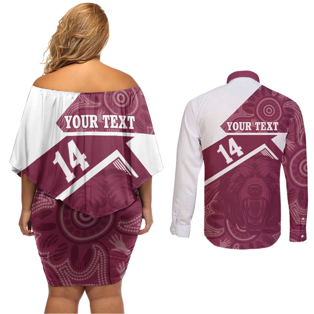 Burleigh Rugby Custom Couples Matching Off Shoulder Short Dress and Long Sleeve Button Shirt Go Bears Maroon Aboriginal Art - Aussie Hoodie