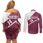 Burleigh Rugby Custom Couples Matching Off Shoulder Short Dress and Long Sleeve Button Shirt Go Bears Maroon Aboriginal Art - Aussie Hoodie