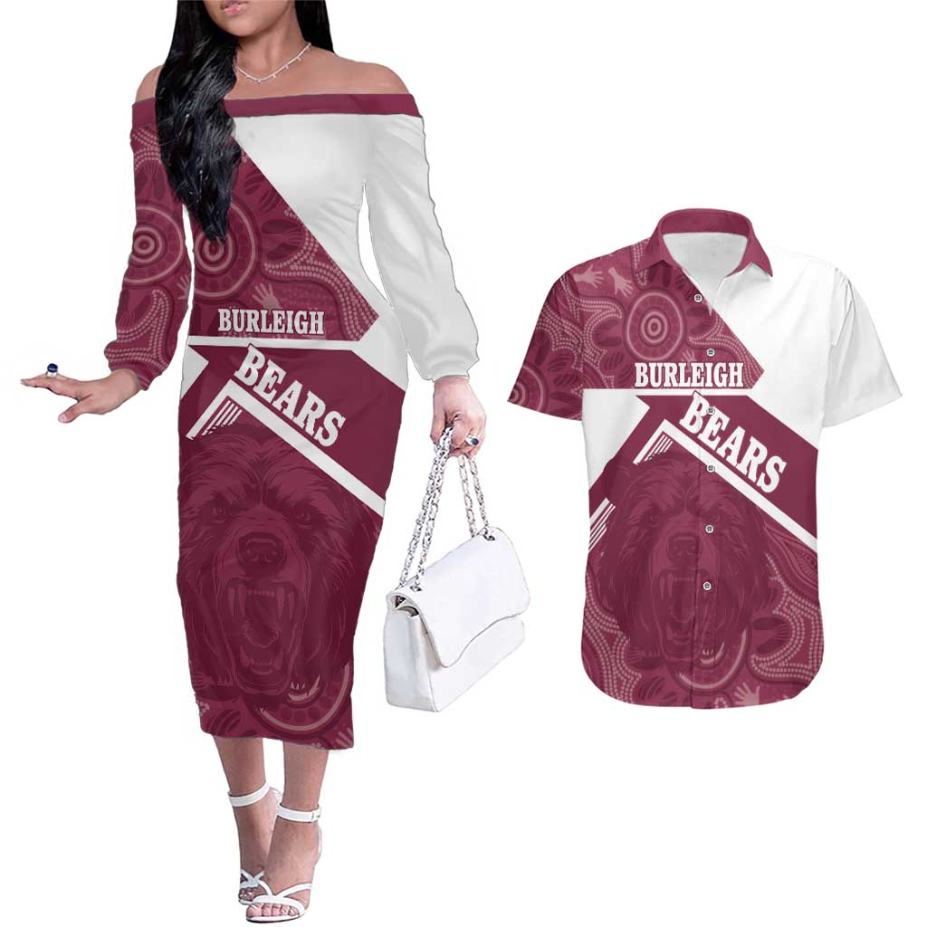 Burleigh Rugby Custom Couples Matching Off The Shoulder Long Sleeve Dress and Hawaiian Shirt Go Bears Maroon Aboriginal Art - Aussie Hoodie