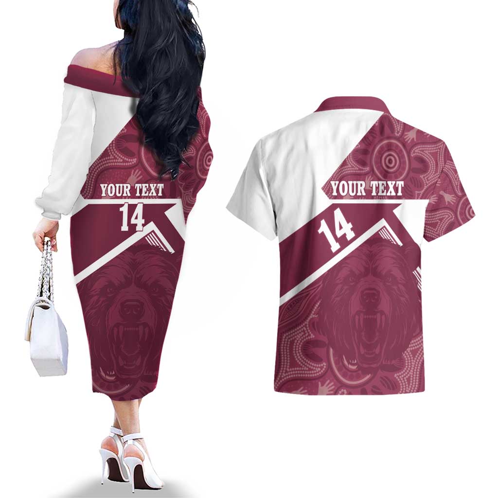 Burleigh Rugby Custom Couples Matching Off The Shoulder Long Sleeve Dress and Hawaiian Shirt Go Bears Maroon Aboriginal Art - Aussie Hoodie