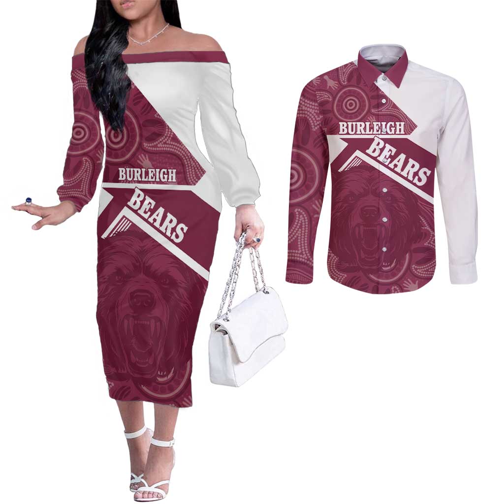 Burleigh Rugby Custom Couples Matching Off The Shoulder Long Sleeve Dress and Long Sleeve Button Shirt Go Bears Maroon Aboriginal Art - Aussie Hoodie