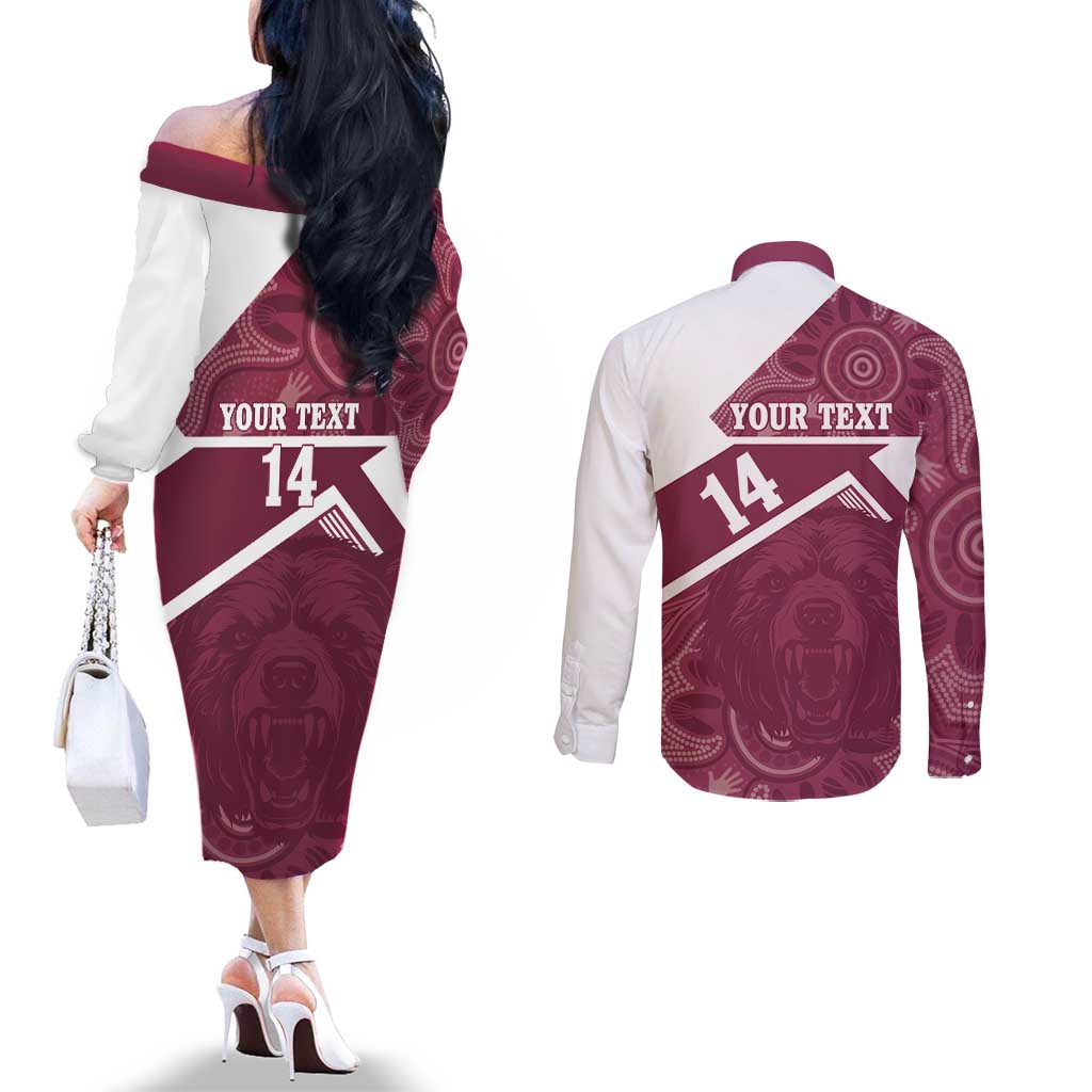 Burleigh Rugby Custom Couples Matching Off The Shoulder Long Sleeve Dress and Long Sleeve Button Shirt Go Bears Maroon Aboriginal Art - Aussie Hoodie