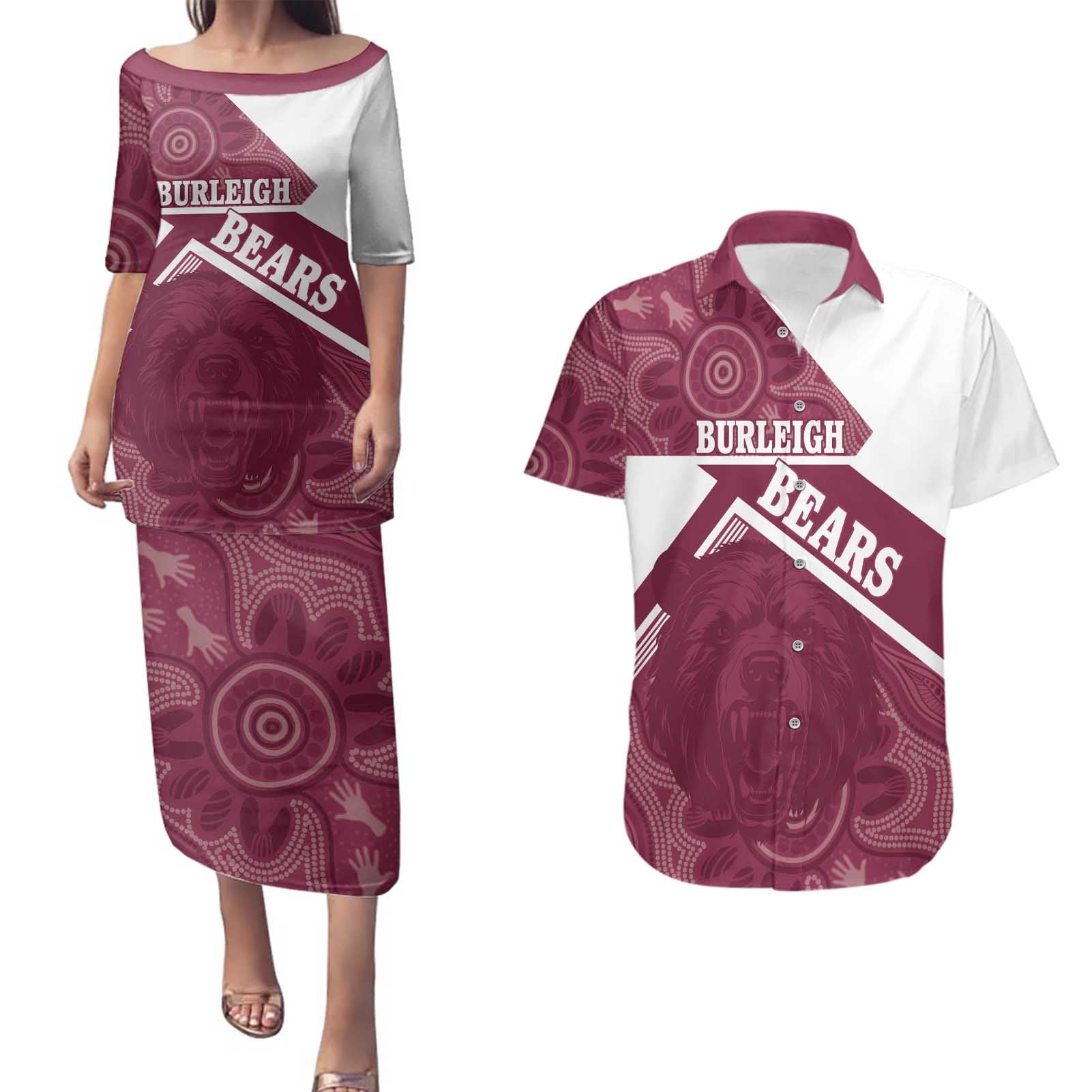 Burleigh Rugby Custom Couples Matching Puletasi and Hawaiian Shirt Go Bears Maroon Aboriginal Art - Aussie Hoodie