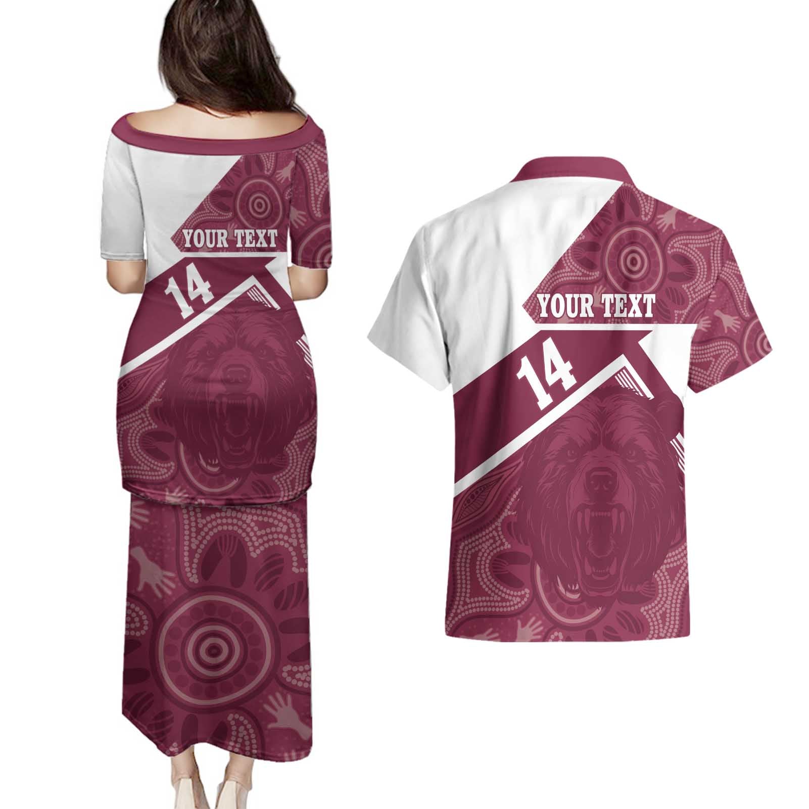 Burleigh Rugby Custom Couples Matching Puletasi and Hawaiian Shirt Go Bears Maroon Aboriginal Art - Aussie Hoodie