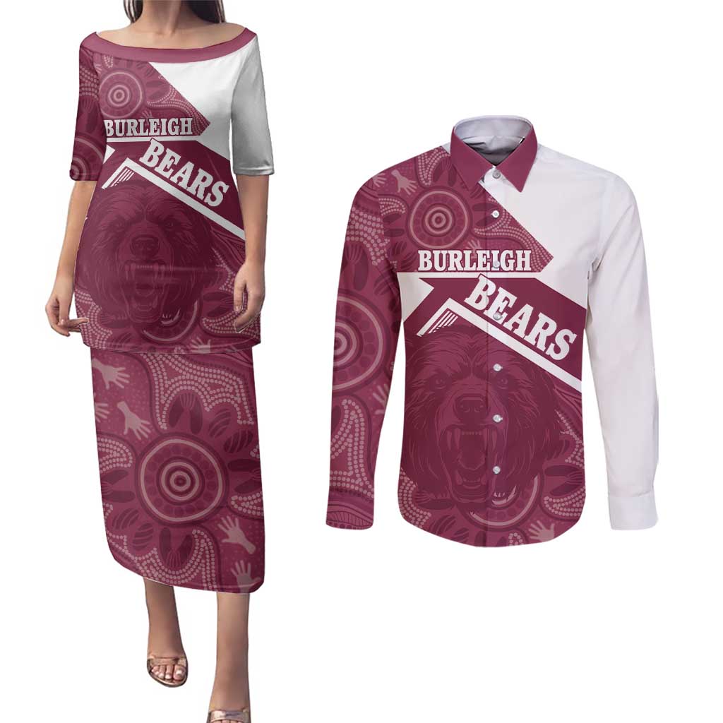 Burleigh Rugby Custom Couples Matching Puletasi and Long Sleeve Button Shirt Go Bears Maroon Aboriginal Art - Aussie Hoodie