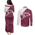 Burleigh Rugby Custom Couples Matching Puletasi and Long Sleeve Button Shirt Go Bears Maroon Aboriginal Art - Aussie Hoodie