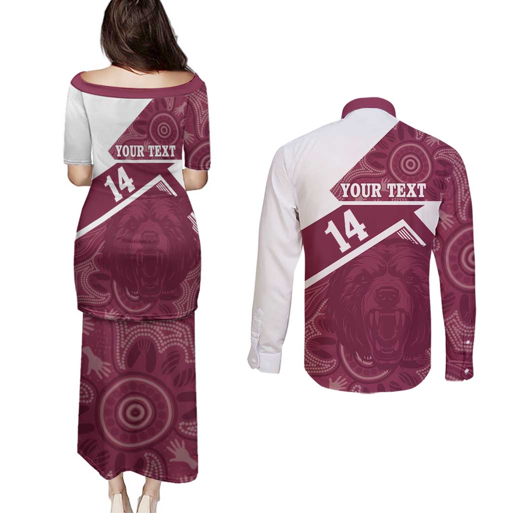 Burleigh Rugby Custom Couples Matching Puletasi and Long Sleeve Button Shirt Go Bears Maroon Aboriginal Art - Aussie Hoodie
