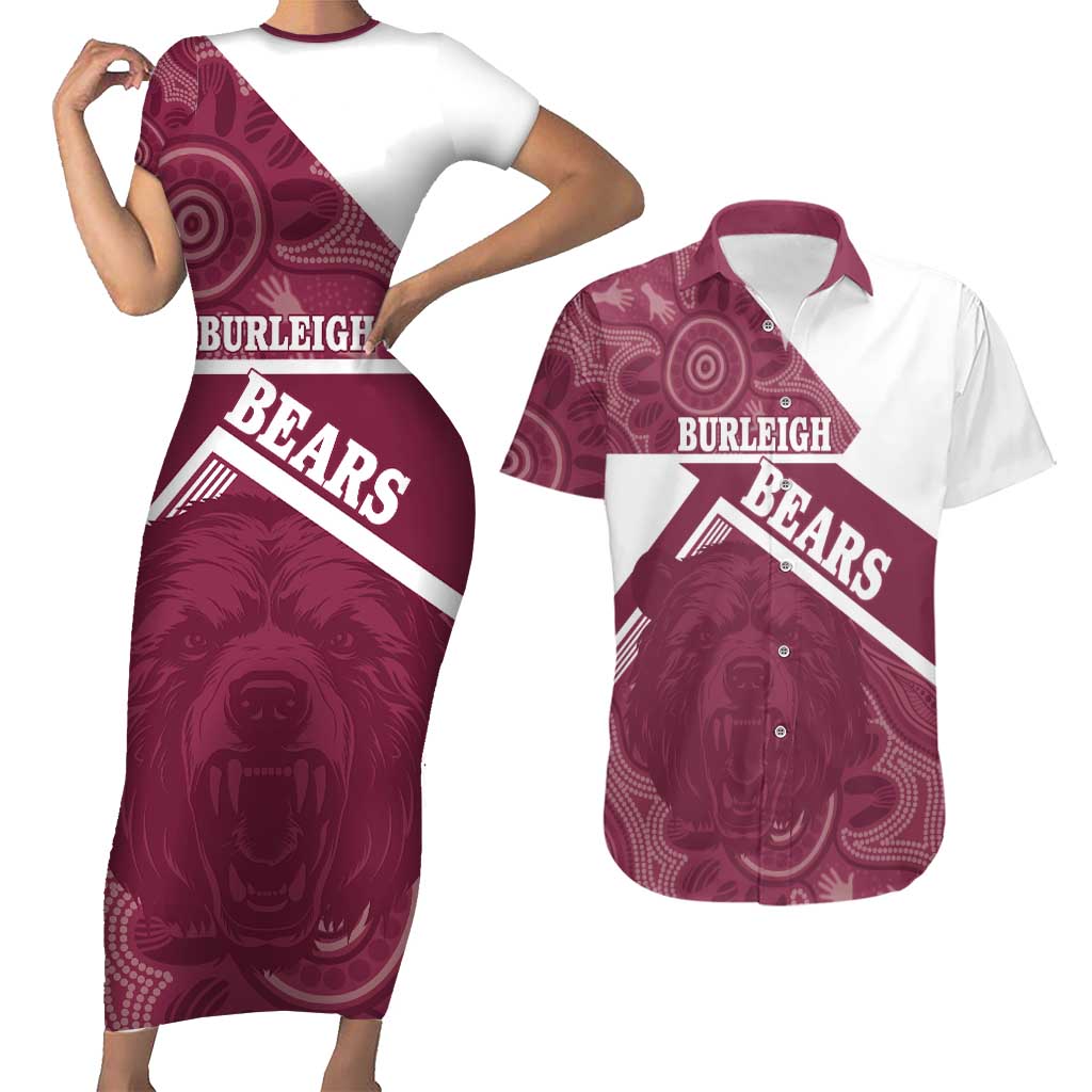 Burleigh Rugby Custom Couples Matching Short Sleeve Bodycon Dress and Hawaiian Shirt Go Bears Maroon Aboriginal Art - Aussie Hoodie