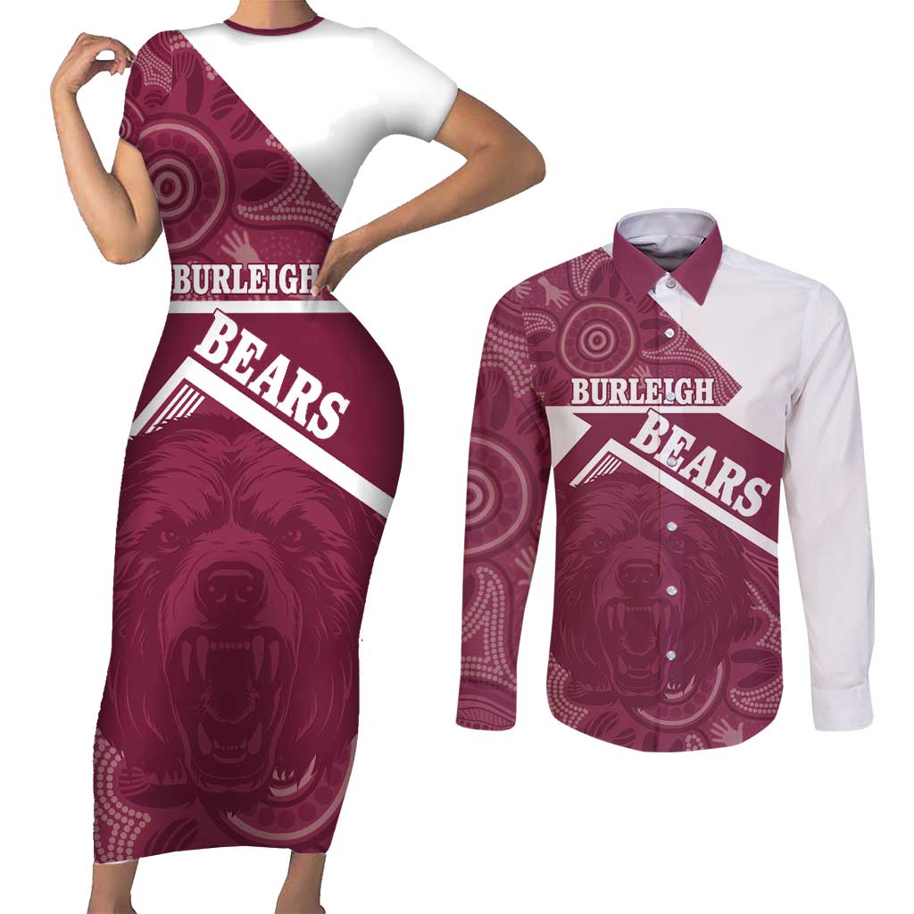 Burleigh Rugby Custom Couples Matching Short Sleeve Bodycon Dress and Long Sleeve Button Shirt Go Bears Maroon Aboriginal Art - Aussie Hoodie