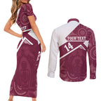 Burleigh Rugby Custom Couples Matching Short Sleeve Bodycon Dress and Long Sleeve Button Shirt Go Bears Maroon Aboriginal Art - Aussie Hoodie