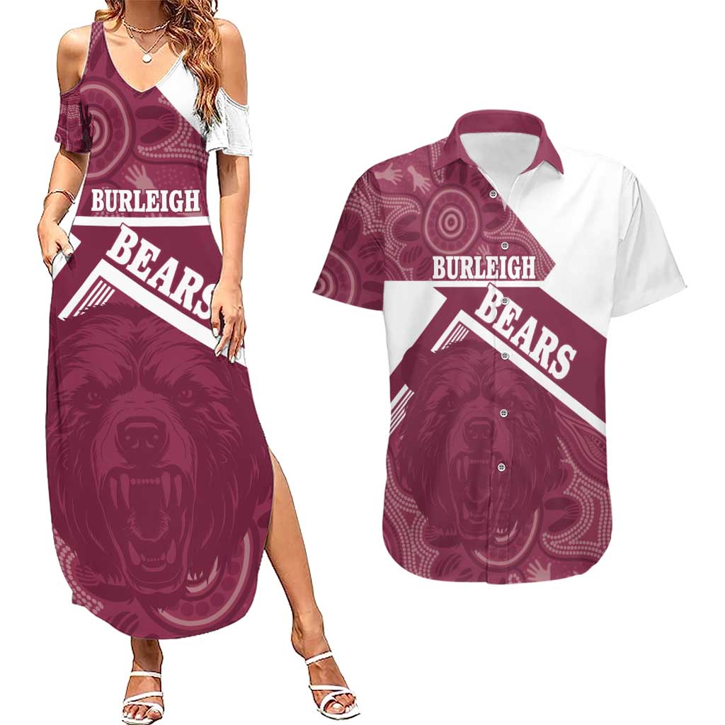 Burleigh Rugby Custom Couples Matching Summer Maxi Dress and Hawaiian Shirt Go Bears Maroon Aboriginal Art - Aussie Hoodie