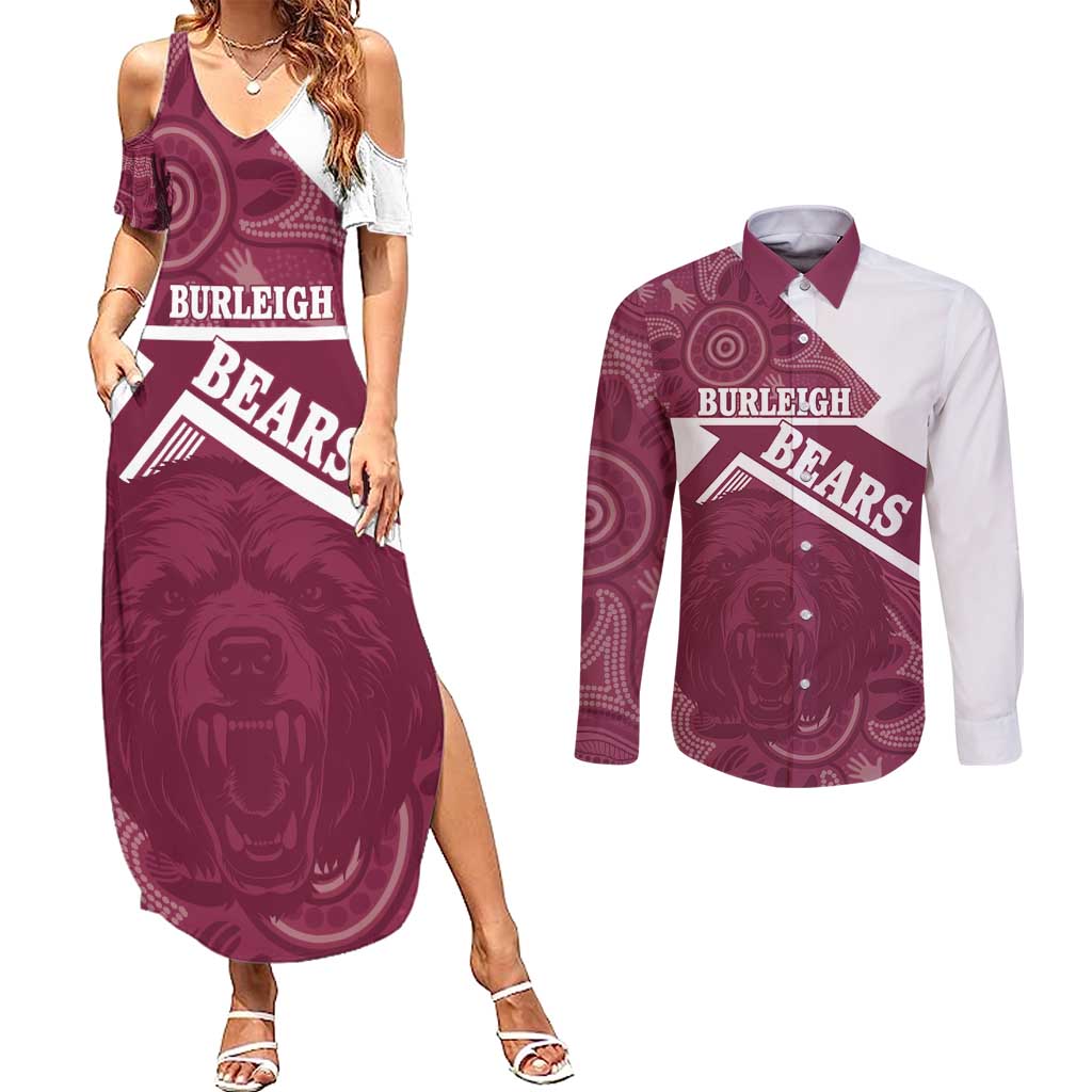 Burleigh Rugby Custom Couples Matching Summer Maxi Dress and Long Sleeve Button Shirt Go Bears Maroon Aboriginal Art - Aussie Hoodie