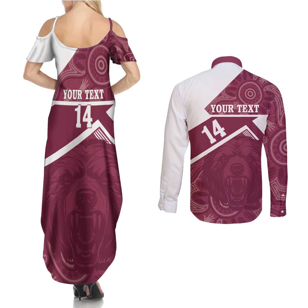 Burleigh Rugby Custom Couples Matching Summer Maxi Dress and Long Sleeve Button Shirt Go Bears Maroon Aboriginal Art - Aussie Hoodie