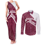 Burleigh Rugby Custom Couples Matching Tank Maxi Dress and Long Sleeve Button Shirt Go Bears Maroon Aboriginal Art - Aussie Hoodie