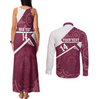 Burleigh Rugby Custom Couples Matching Tank Maxi Dress and Long Sleeve Button Shirt Go Bears Maroon Aboriginal Art - Aussie Hoodie