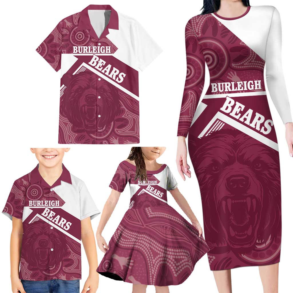 Burleigh Rugby Custom Family Matching Long Sleeve Bodycon Dress and Hawaiian Shirt Go Bears Maroon Aboriginal Art - Aussie Hoodie