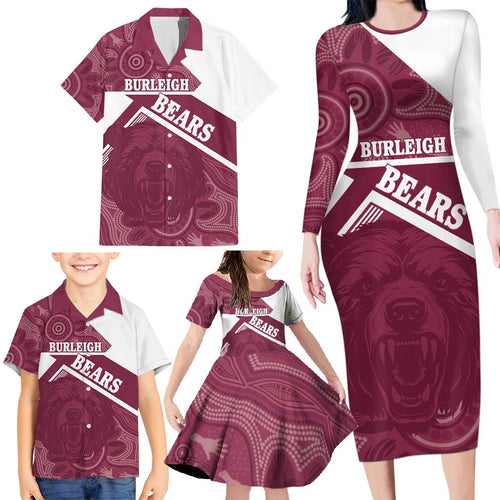 Burleigh Rugby Custom Family Matching Long Sleeve Bodycon Dress and Hawaiian Shirt Go Bears Maroon Aboriginal Art - Aussie Hoodie